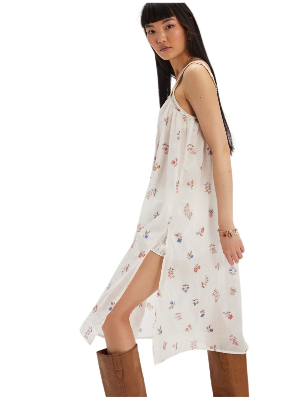 Free People White The Way Back Floral Print Maxi Top /Dress Cotton Embroidery XS
